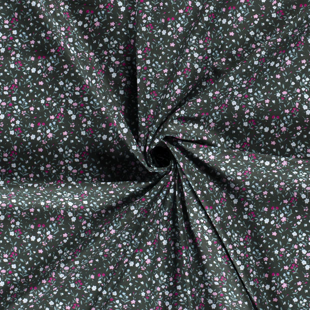little pink flowers on green cotton poplin fabric