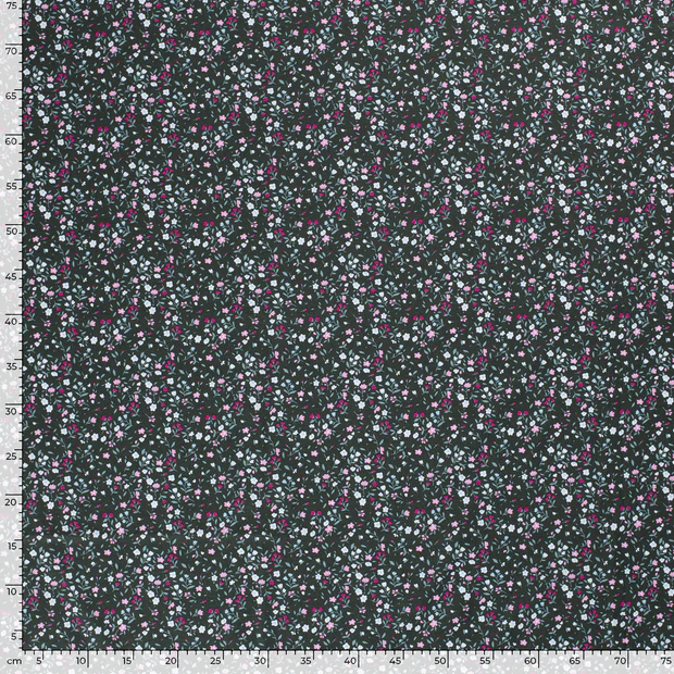 little pink flowers on green cotton poplin fabric