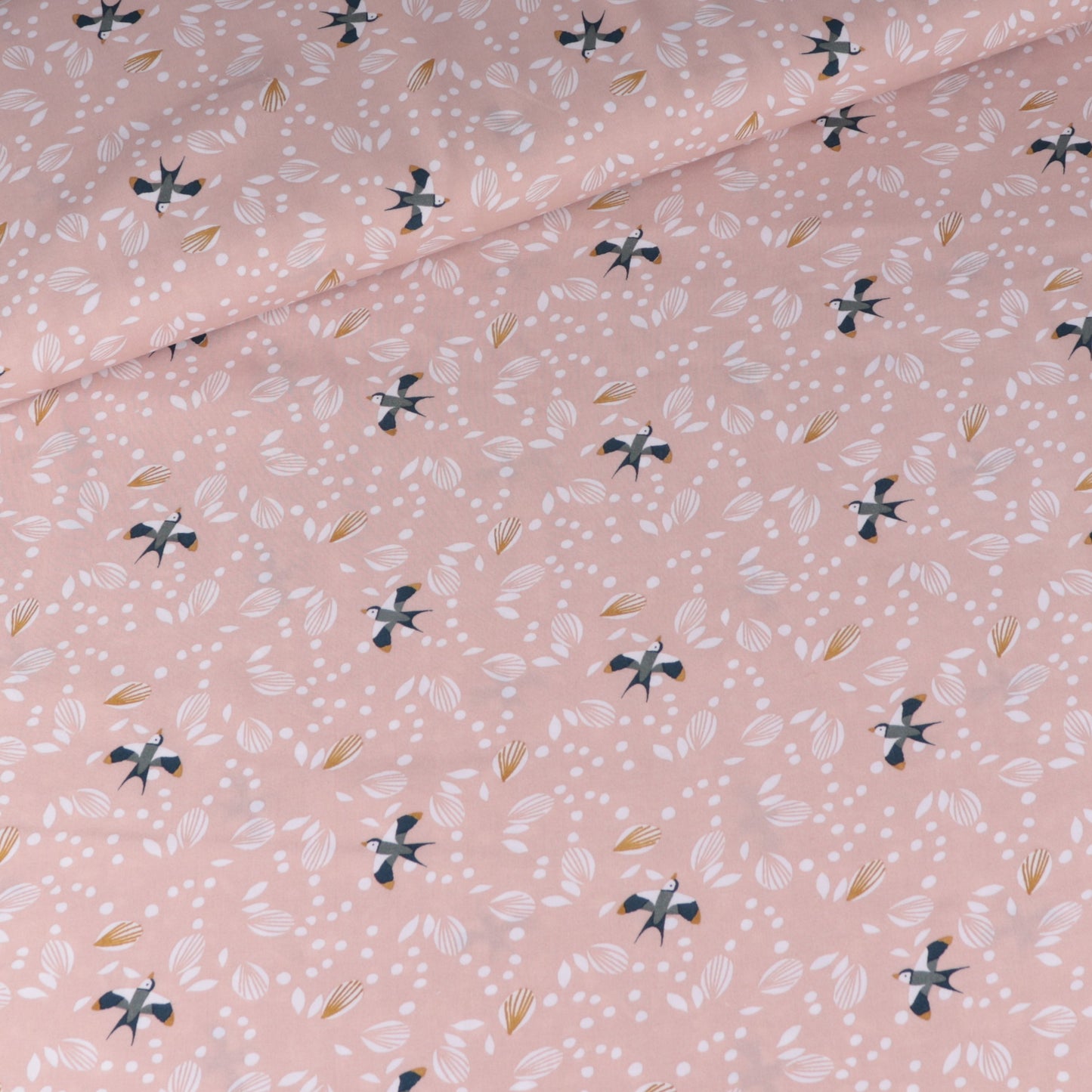 Light pink fluid viscose with flying birds pattern