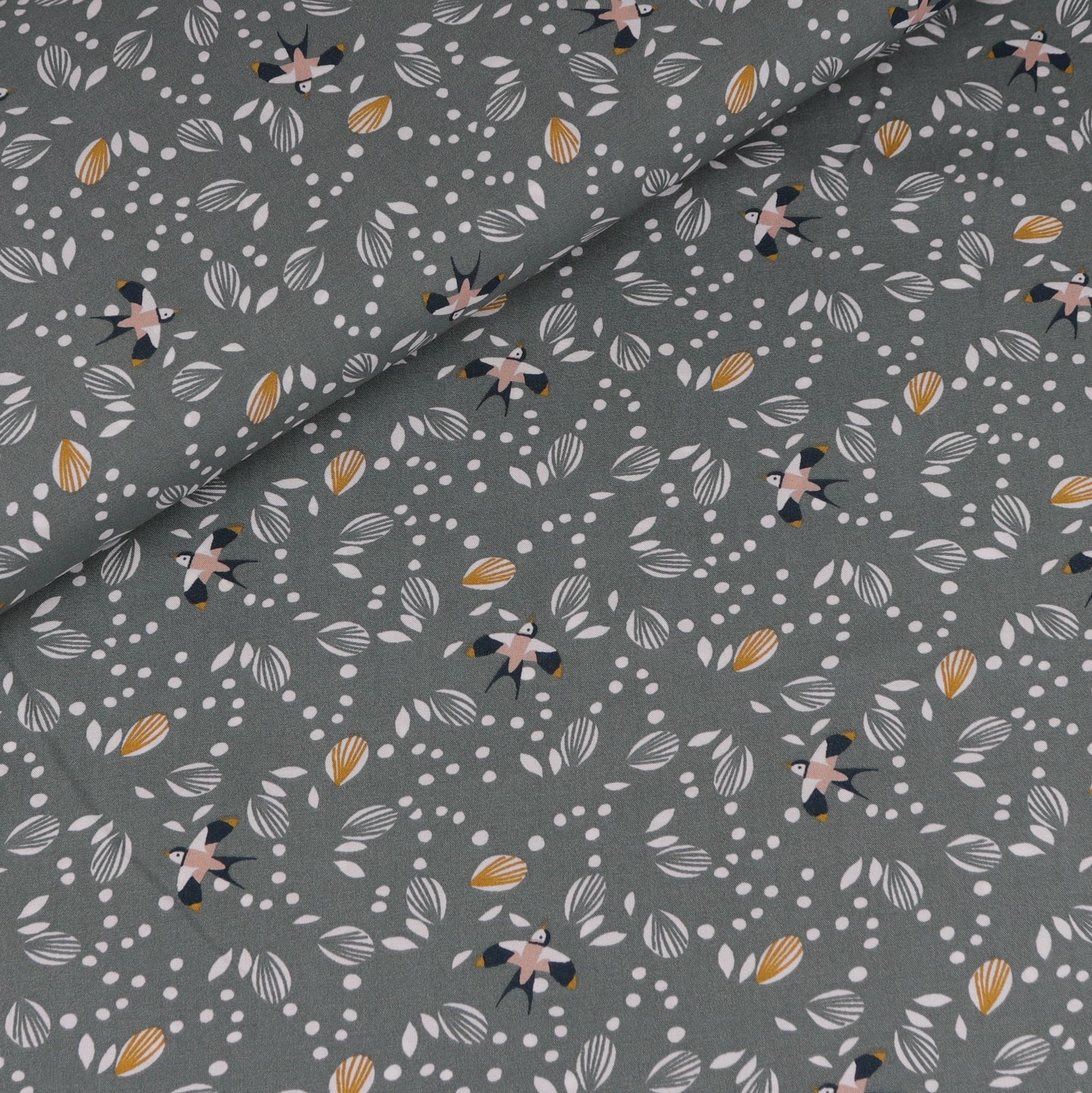 Verdigris fluid viscose with flying birds pattern