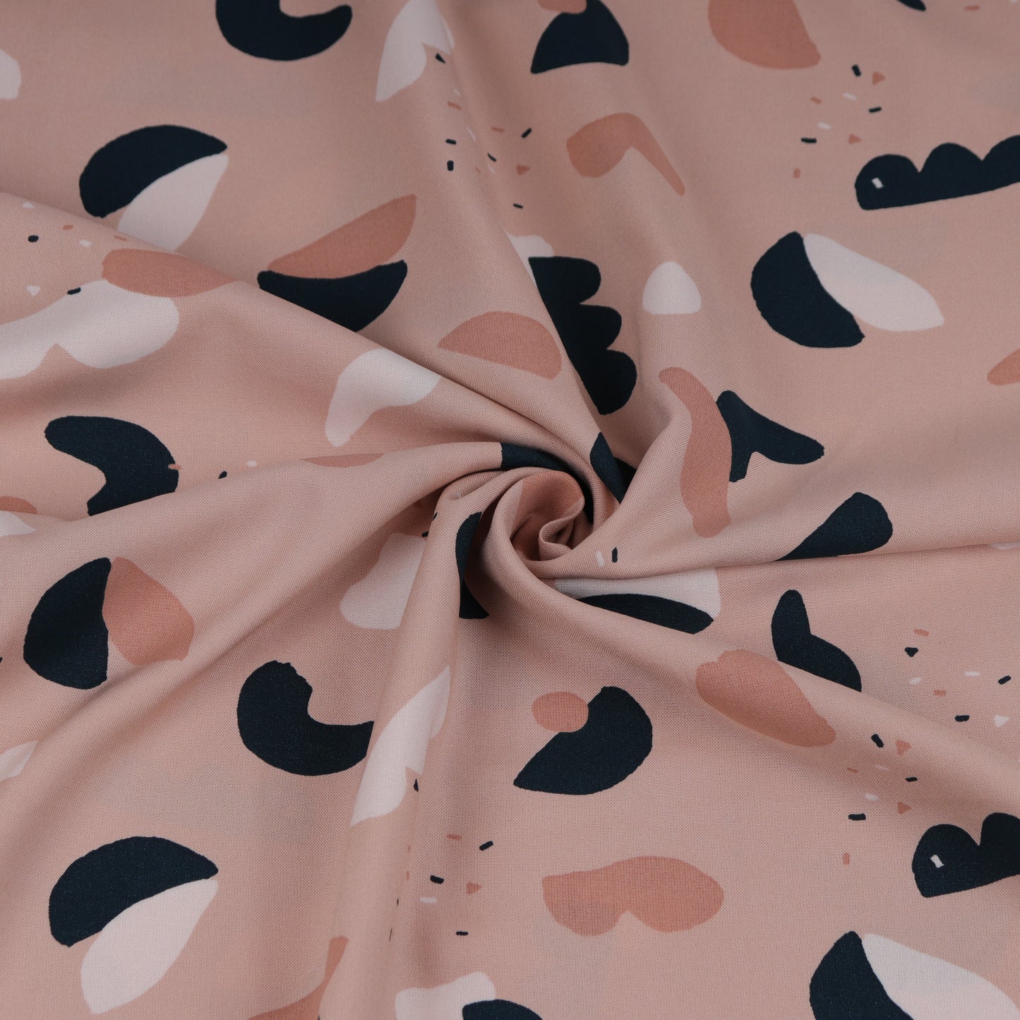 Pink fluid viscose with abstract white, dark pink and navy pattern