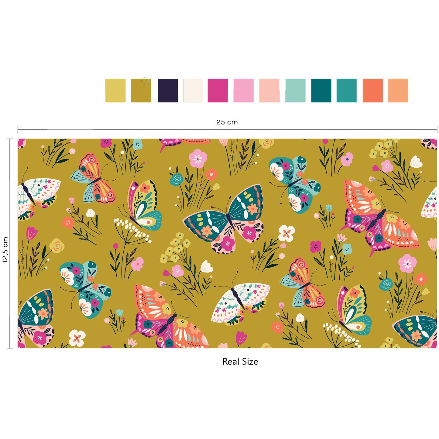 Colourful Organic cotton poplin with buterflies and flowers on it