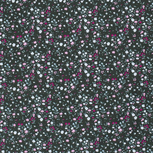 little pink flowers on green cotton poplin fabric