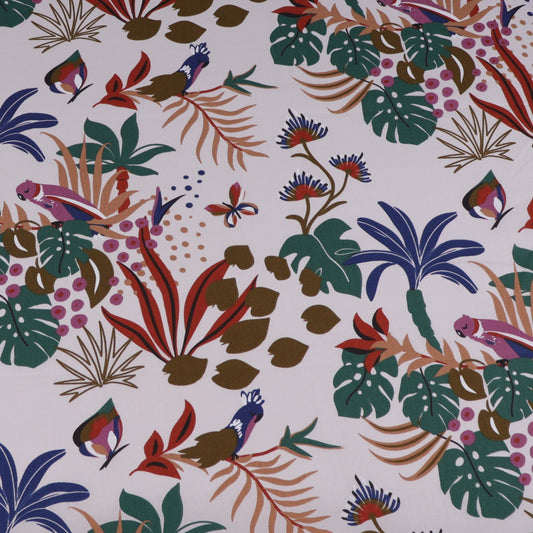 Printed light grey cotton fabric with tropical pattern