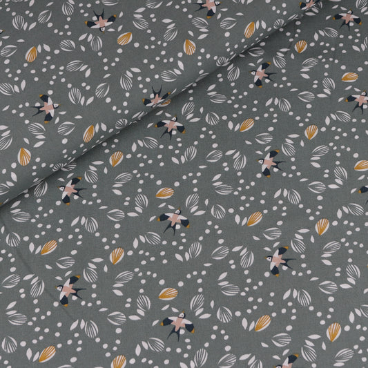 Verdigris fluid viscose with flying birds pattern