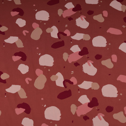 Brown viscose with pink, dark red and beige abstract pattern