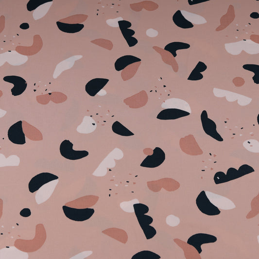 Pink fluid viscose with abstract white, dark pink and navy pattern