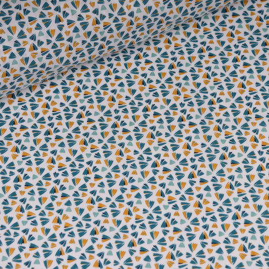 Printed white cotton fabric with geometrical blue and yellow pattern