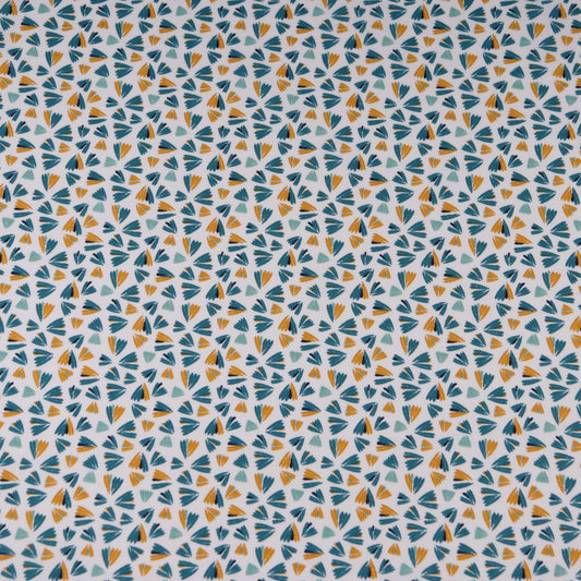 Printed white cotton fabric with geometrical blue and yellow pattern