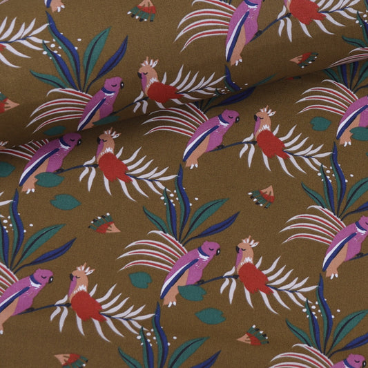 Printed bronze cotton fabric with colorful birds