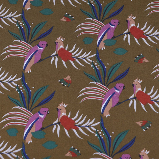Printed bronze cotton fabric with colorful birds