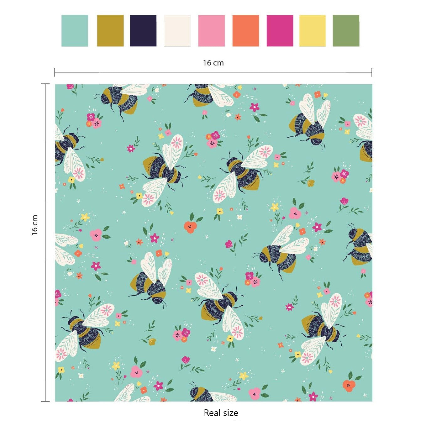 Blue organic cotton poplin with black and yellow bees and colorful flowers