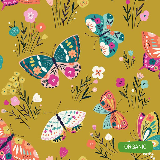 Colourful Organic cotton poplin with buterflies and flowers